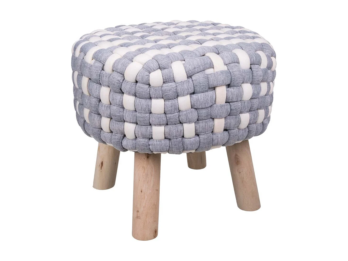 Grauer Hocker aus gewebter Baumwolle und Holz, 40x40x36h cm
