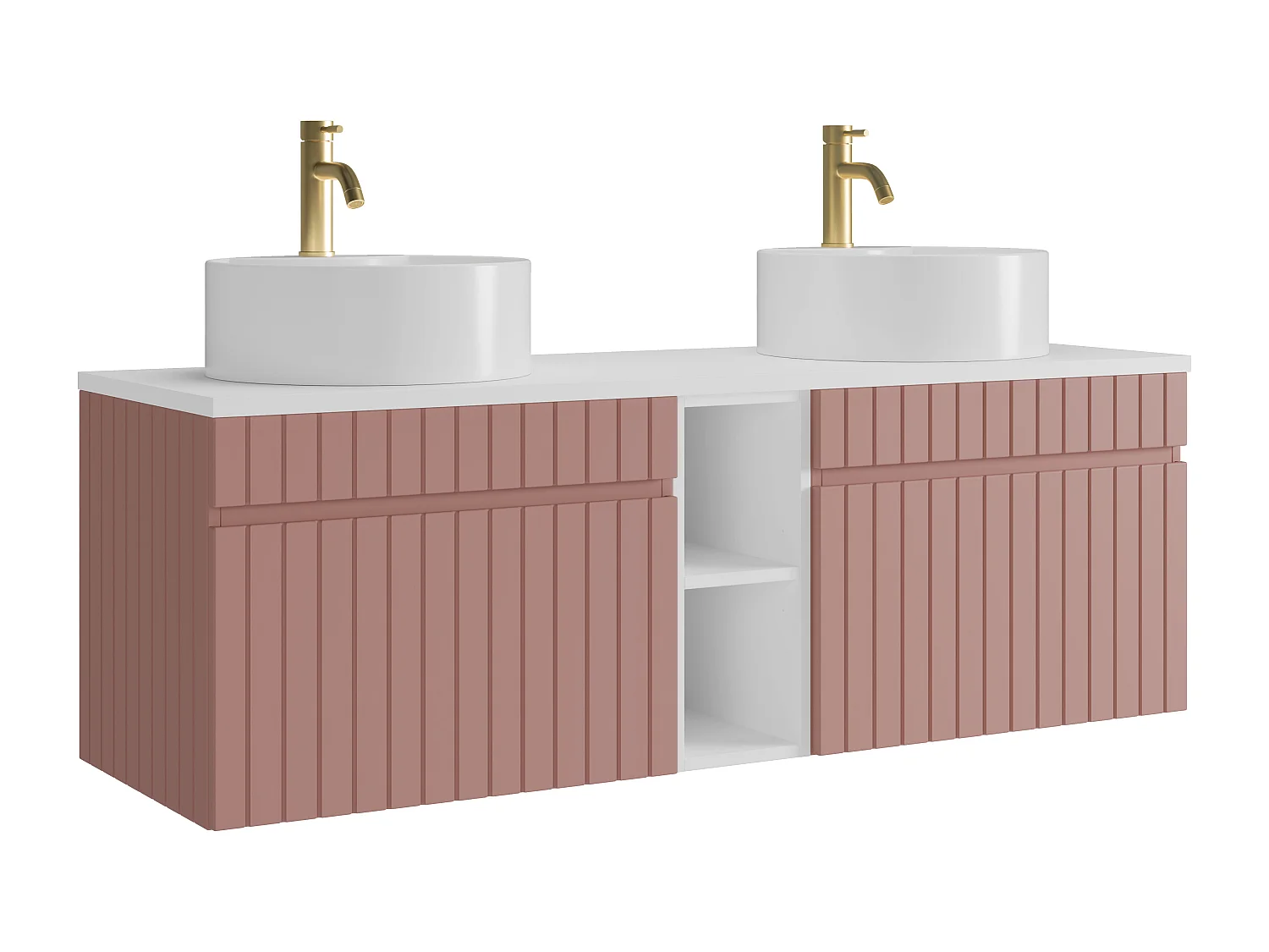 Meuble de salle de bain suspendu strié avec niches et double vasque à poser ronde et robinet - Rose - L140 cm - SATARA