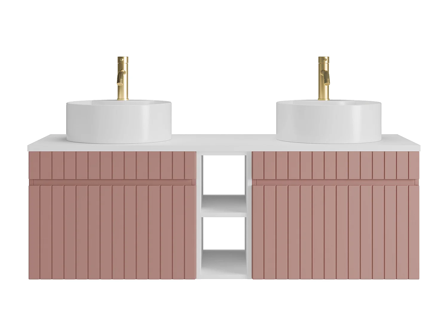 Meuble de salle de bain suspendu strié avec niches et double vasque à poser ronde et robinet - Rose - L140 cm - SATARA