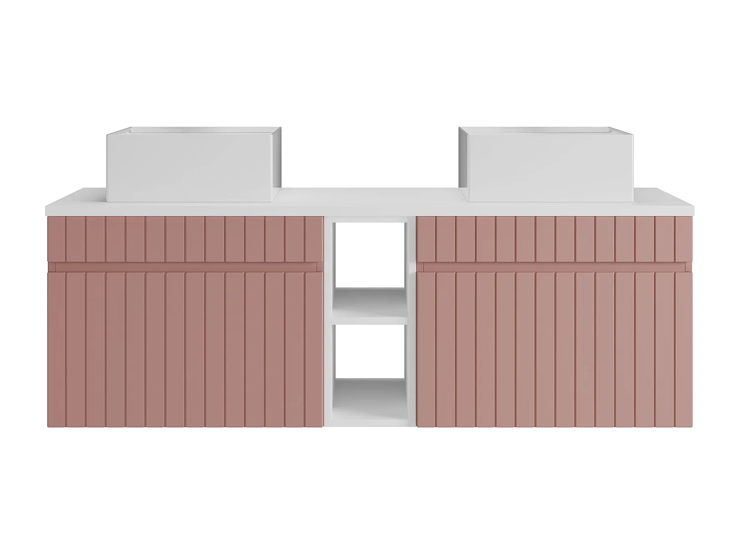 Meuble de salle de bain suspendu strié avec niches et double vasque à poser carrée - Rose - L140 cm - SATARA