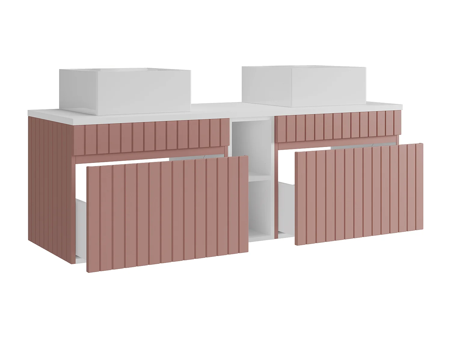 Meuble de salle de bain suspendu strié avec niches et double vasque à poser carrée - Rose - L140 cm - SATARA