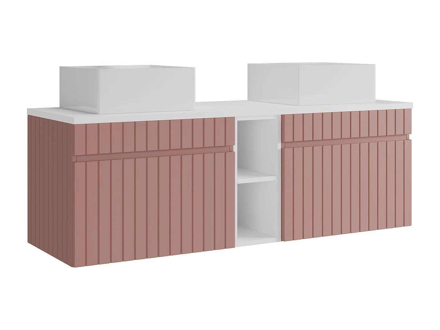 Meuble de salle de bain suspendu strié avec niches et double vasque à poser carrée - Rose - L140 cm - SATARA