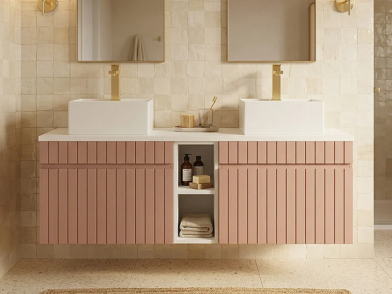 Hängender Badezimmer-Unterschrank gerillt mit Fächern und Doppel-Aufsatz-Waschbecken quadratisch – Rosa – B140 cm – SATARA