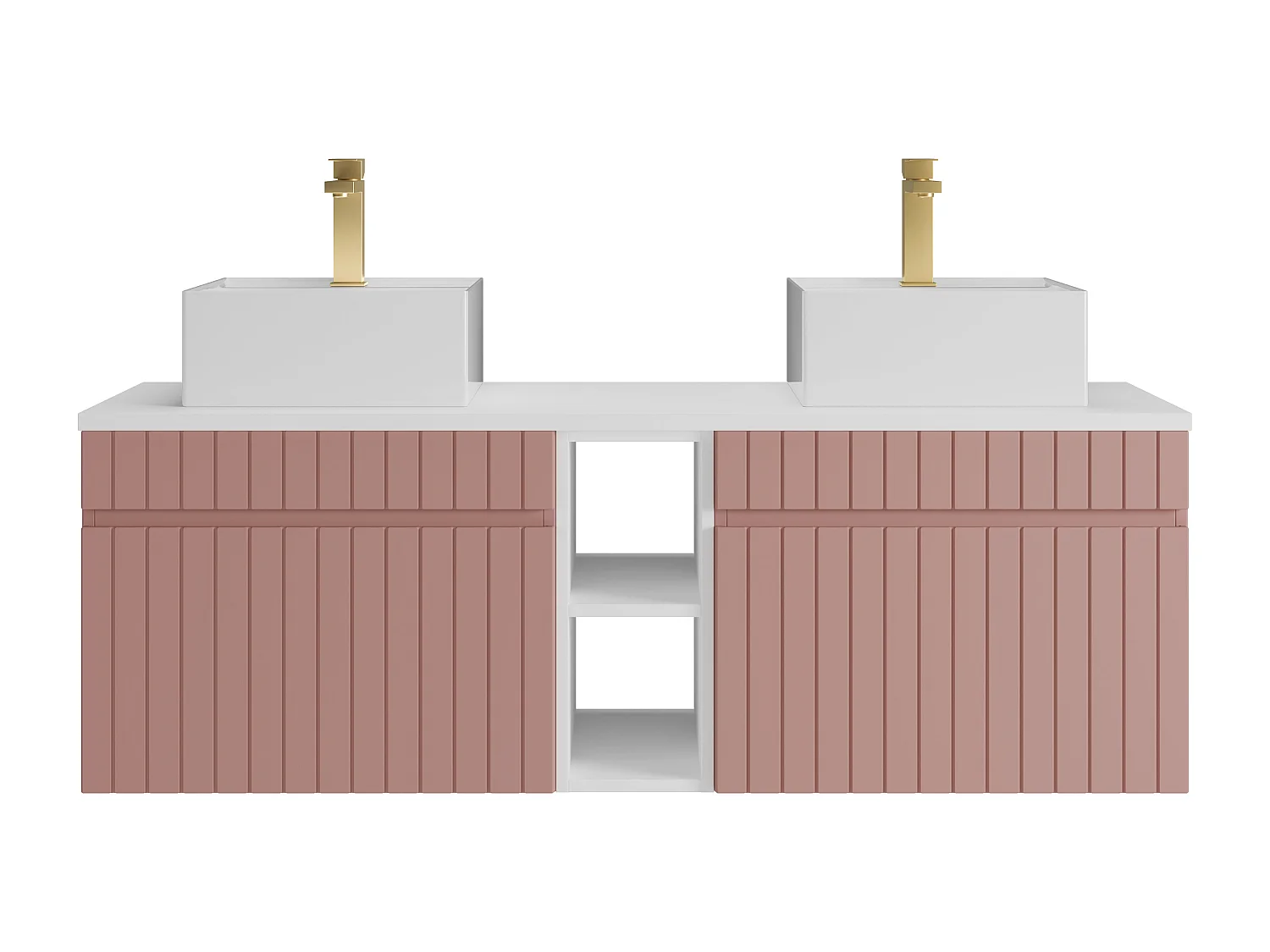 Meuble de salle de bain suspendu strié avec niches et double vasque à poser carrée et robinet - Rose - L140 cm - SATARA