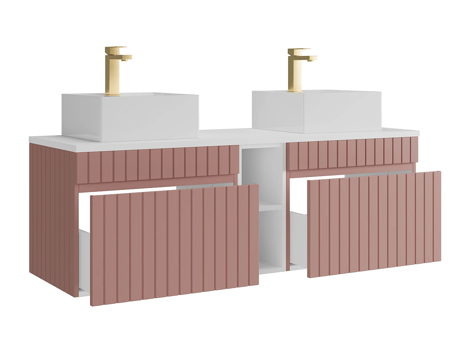Meuble de salle de bain suspendu strié avec niches et double vasque à poser carrée et robinet - Rose - L140 cm - SATARA