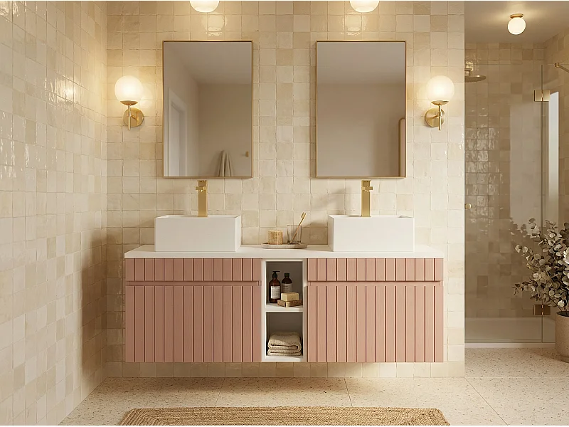 Meuble de salle de bain suspendu strié avec niches et double vasque à poser carrée et robinet - Rose - L140 cm - SATARA