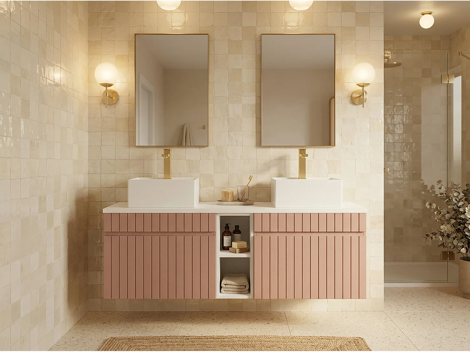Meuble sous vasque suspendu strié avec niches - Rose - L140 cm - SATARA