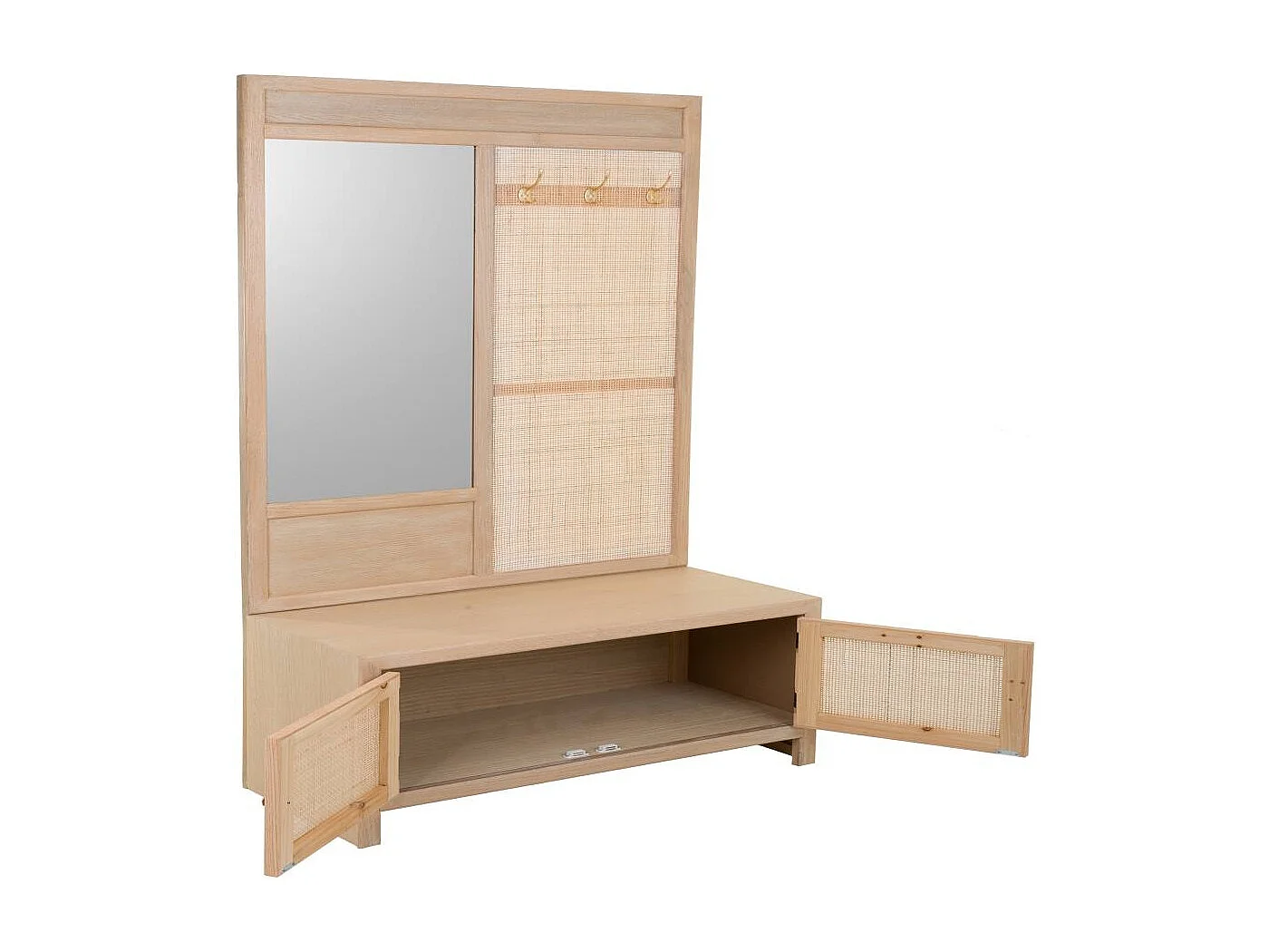 Mobilier d'entrée en bois et grille marron 90x8x181h-90x39x46h