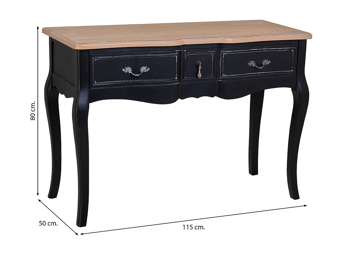 Console in legno laccato nero invecchiato con 3 cassetti 115x50x80h cm