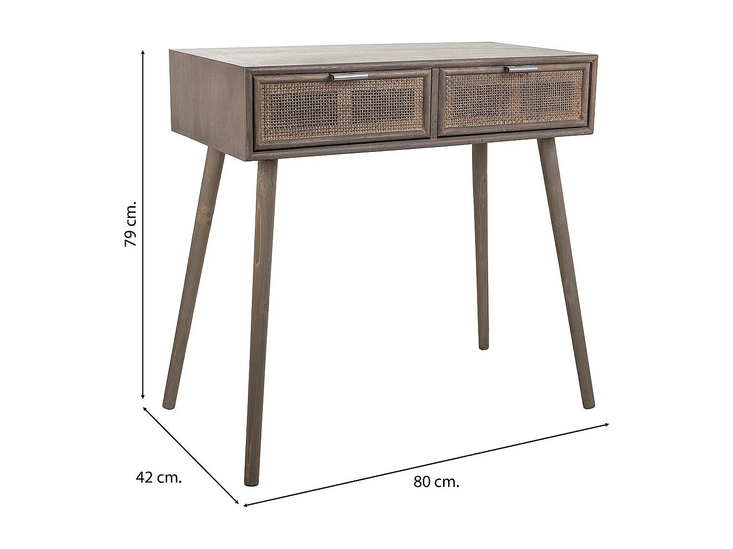 Flurtisch aus Holz und Bambusgitter mit 2 grauen Schubladen 80x42x79h cm
