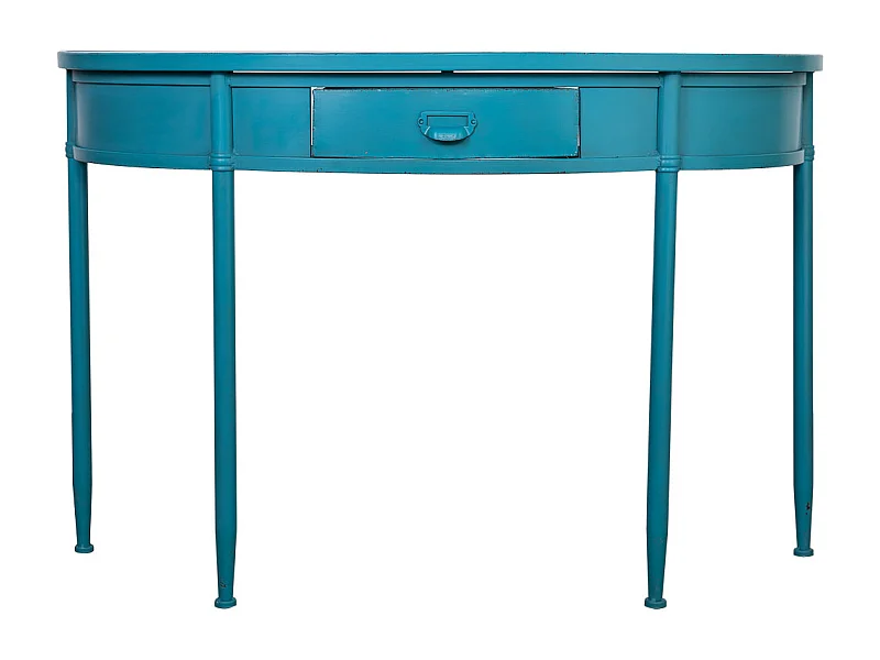 Console in metallo con 1 cassetto blu invecchiato 120x44x80