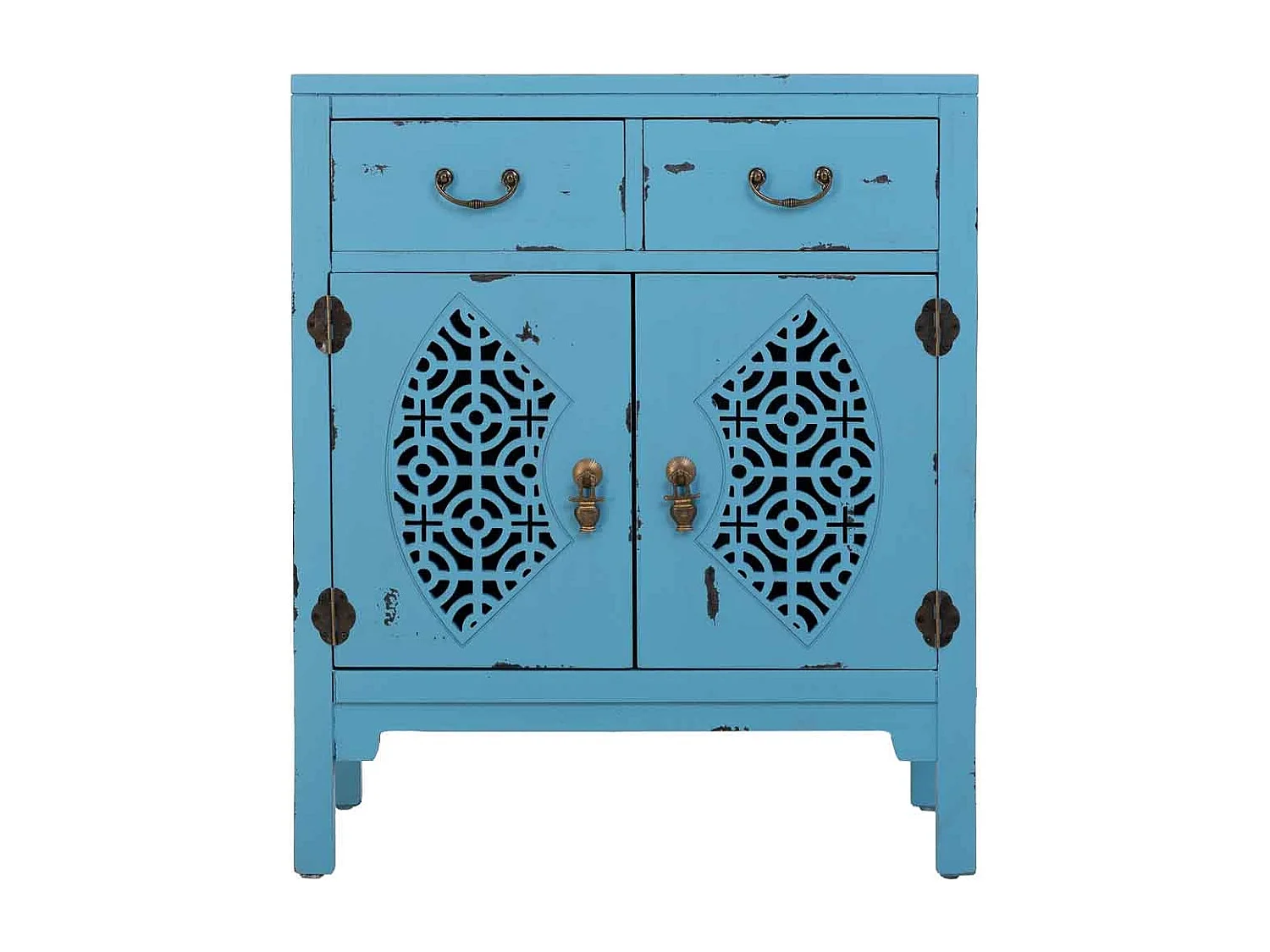 Table d'entrée en bois avec 2 tiroirs et 2 portes en bleu 66x36x78h cm