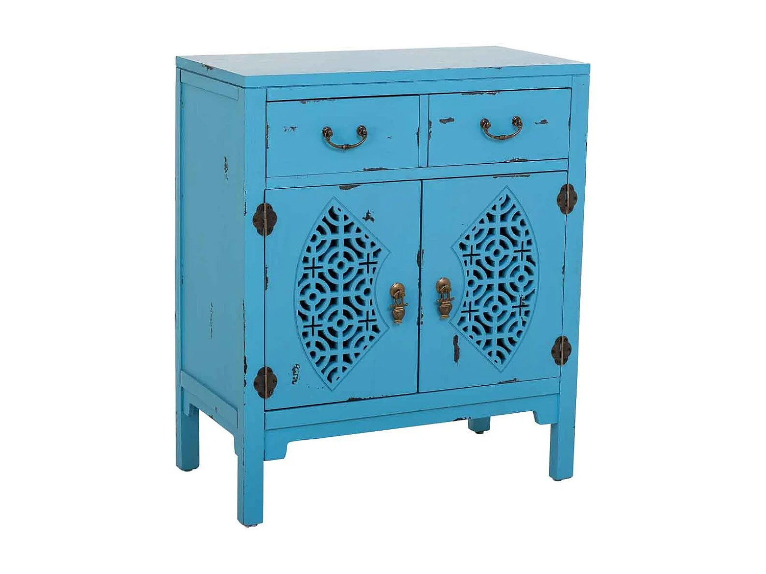 Table d'entrée en bois avec 2 tiroirs et 2 portes en bleu 66x36x78h cm