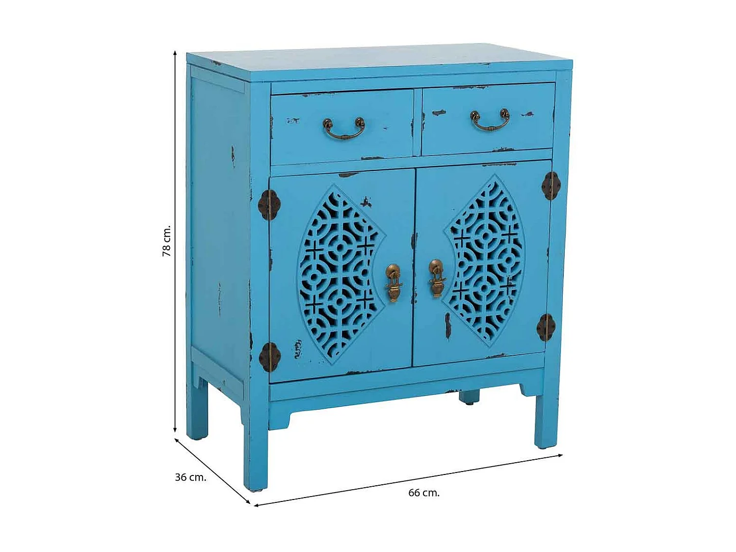 Table d'entrée en bois avec 2 tiroirs et 2 portes en bleu 66x36x78h cm