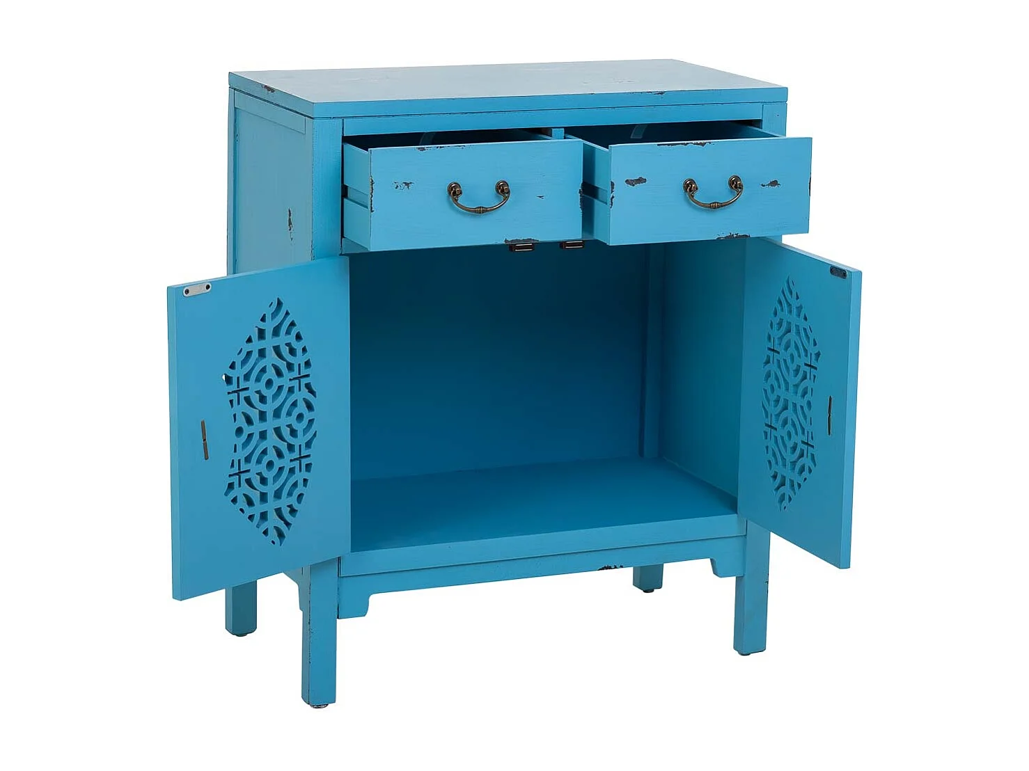 Table d'entrée en bois avec 2 tiroirs et 2 portes en bleu 66x36x78h cm