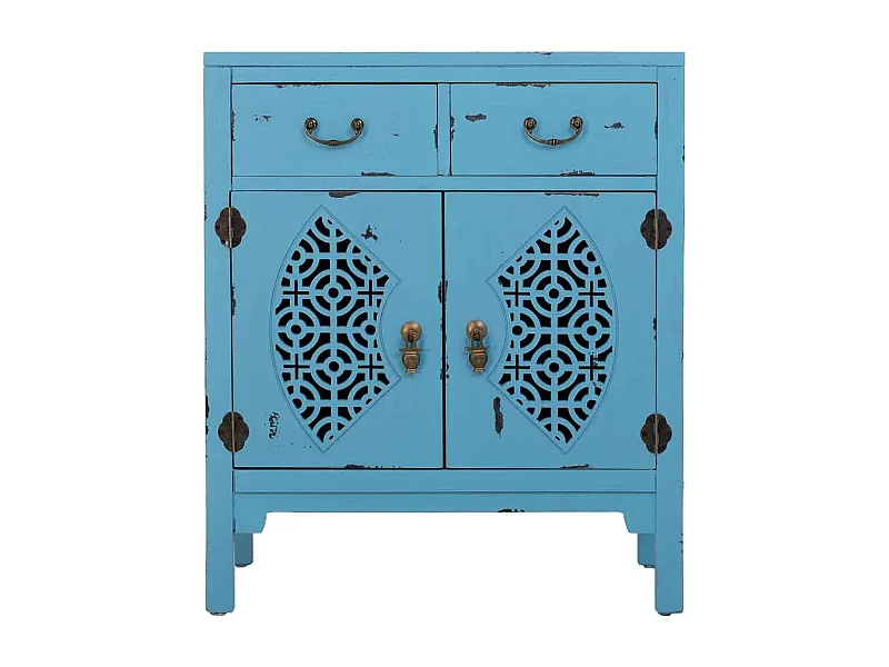 Table d'entrée en bois avec 2 tiroirs et 2 portes en bleu 66x36x78h cm