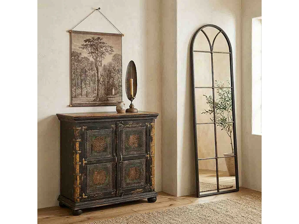 Hall feito à mão em madeira, vidro e metal com 2 portas castanhas 90x40x90