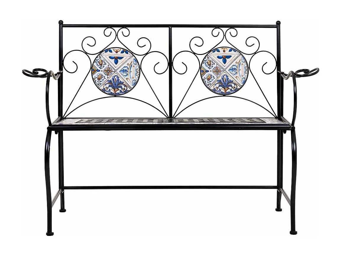 Banc en mosaïque noire et fer forgé 110x50x88h cm