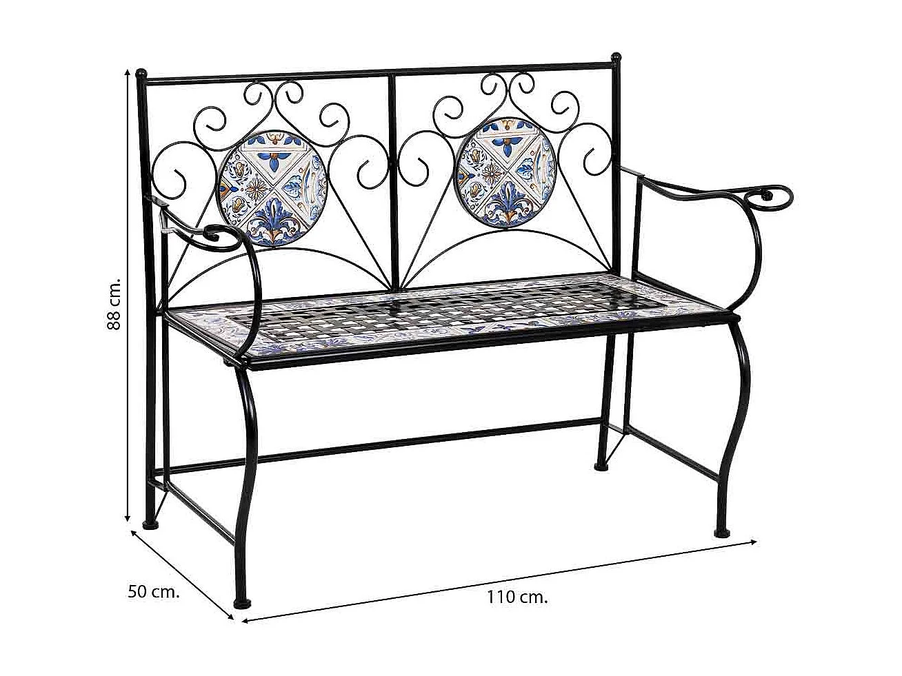 Banc en mosaïque noire et fer forgé 110x50x88h cm
