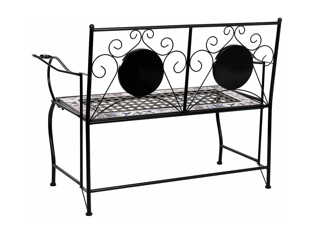 Banc en mosaïque noire et fer forgé 110x50x88h cm