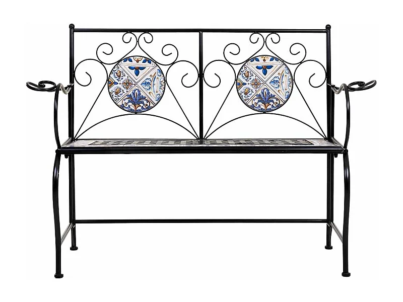 Banc en mosaïque noire et fer forgé 110x50x88h cm