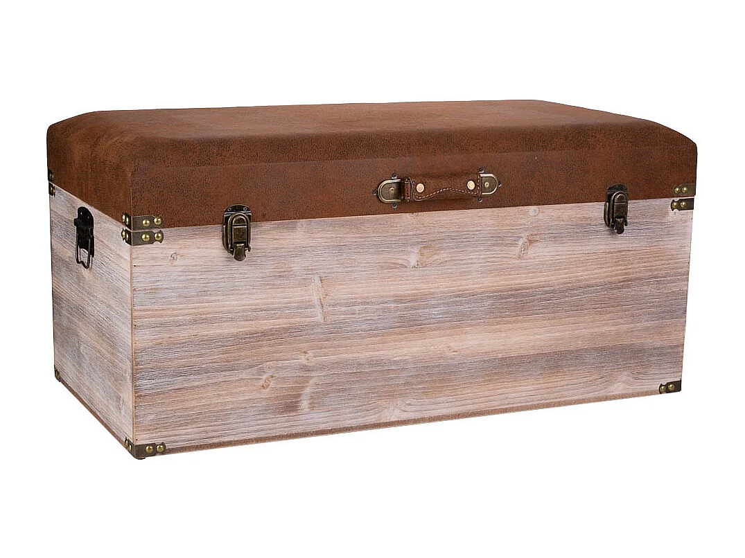 Truhenbank aus Holz und braunem Kunstleder 80x40x38h cm