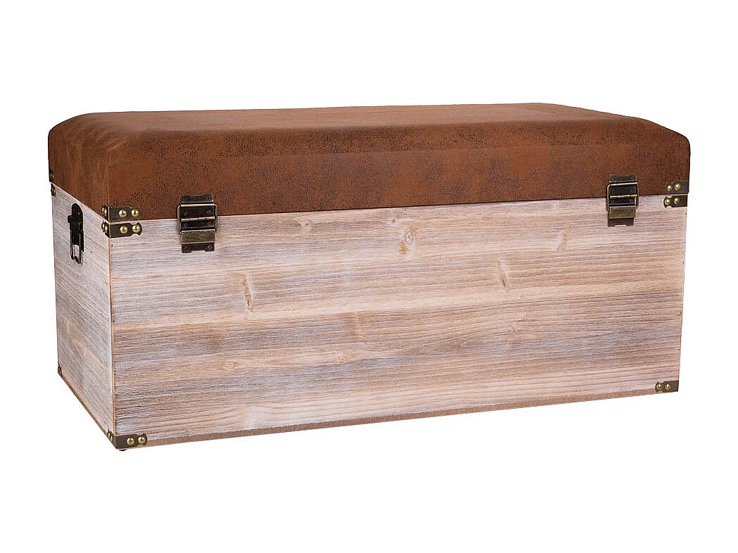 Truhenbank aus Holz und braunem Kunstleder 80x40x38h cm