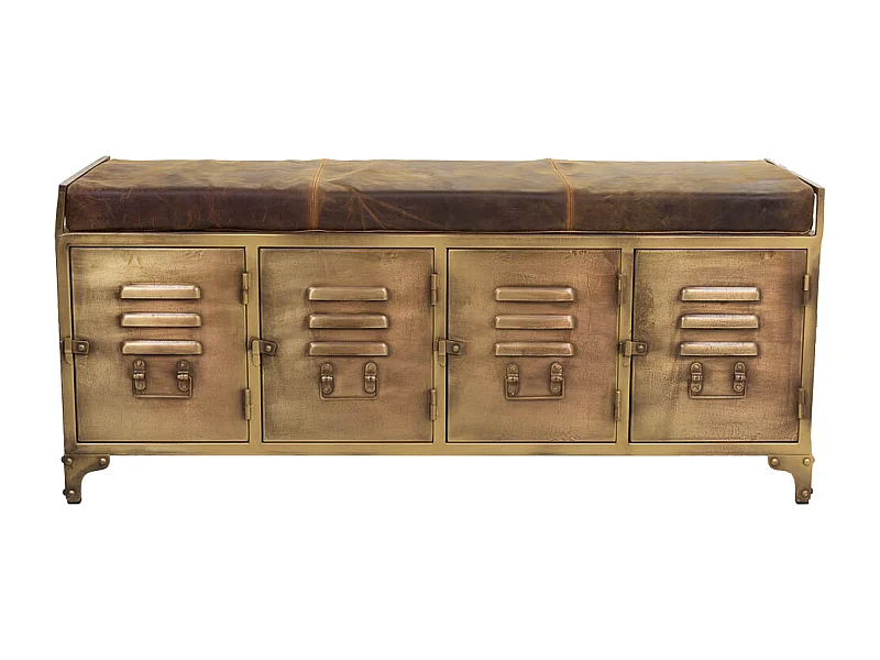 Bank aus Metall und braunem Leder, 120x40x51h cm