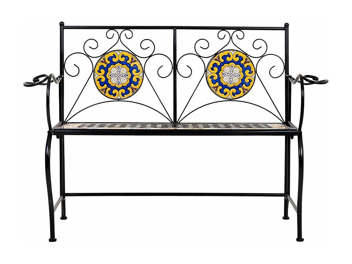 Banc en mosaïque noire et fer forgé 110x50x88h cm