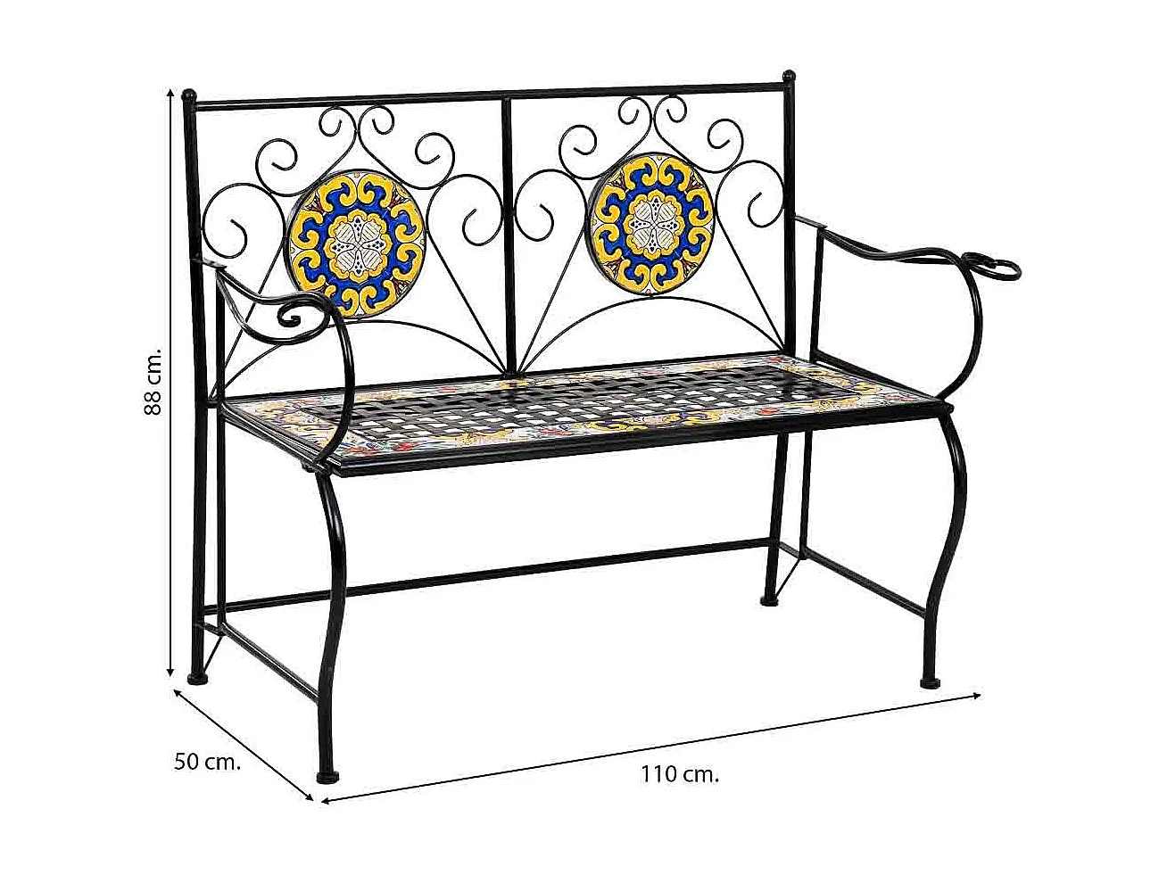 Banc en mosaïque noire et fer forgé 110x50x88h cm