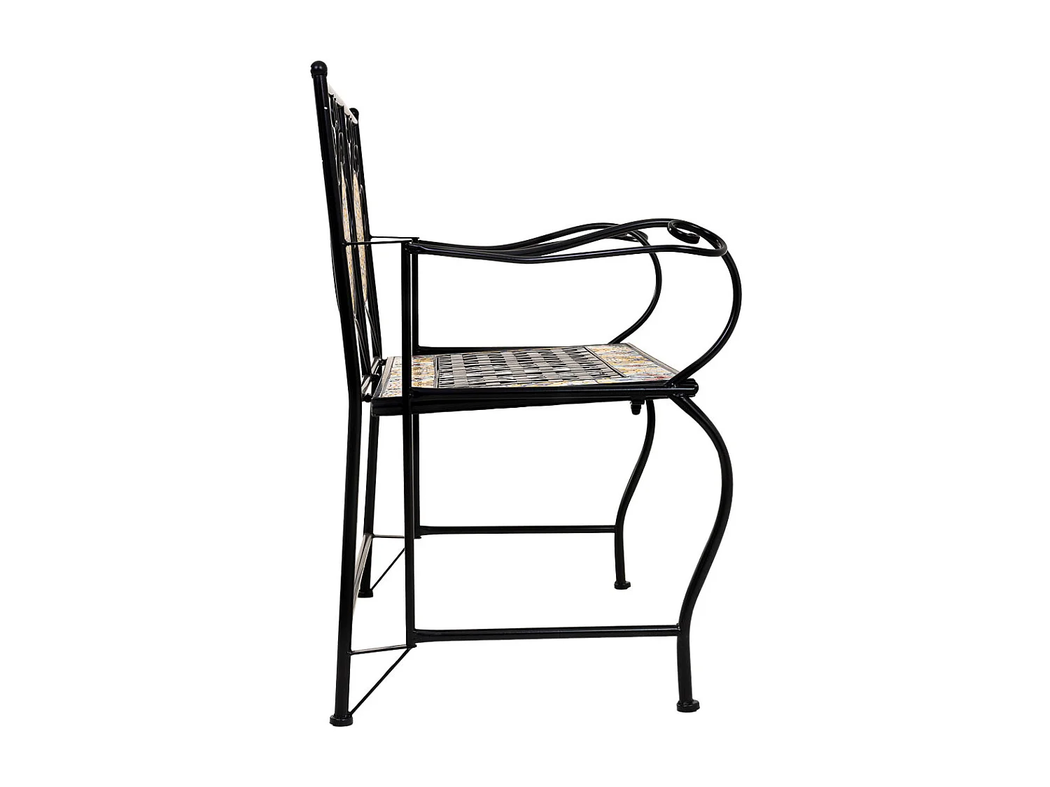 Banc en mosaïque noire et fer forgé 110x50x88h cm