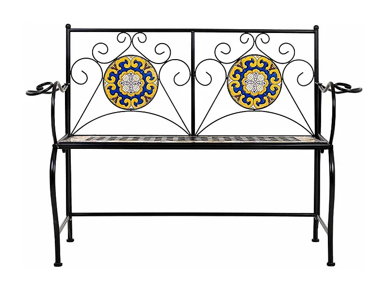Banc en mosaïque noire et fer forgé 110x50x88h cm
