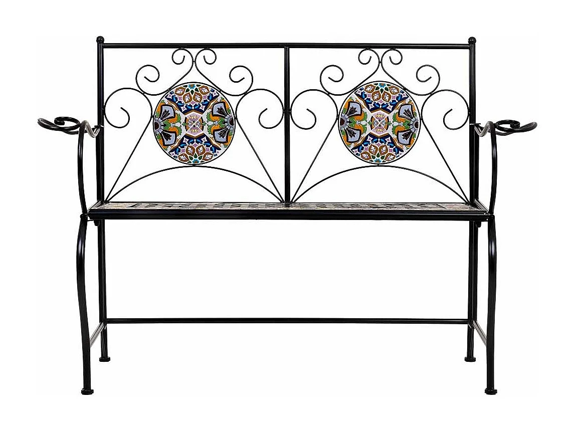 Banc en mosaïque noire et fer forgé 110x50x88h cm