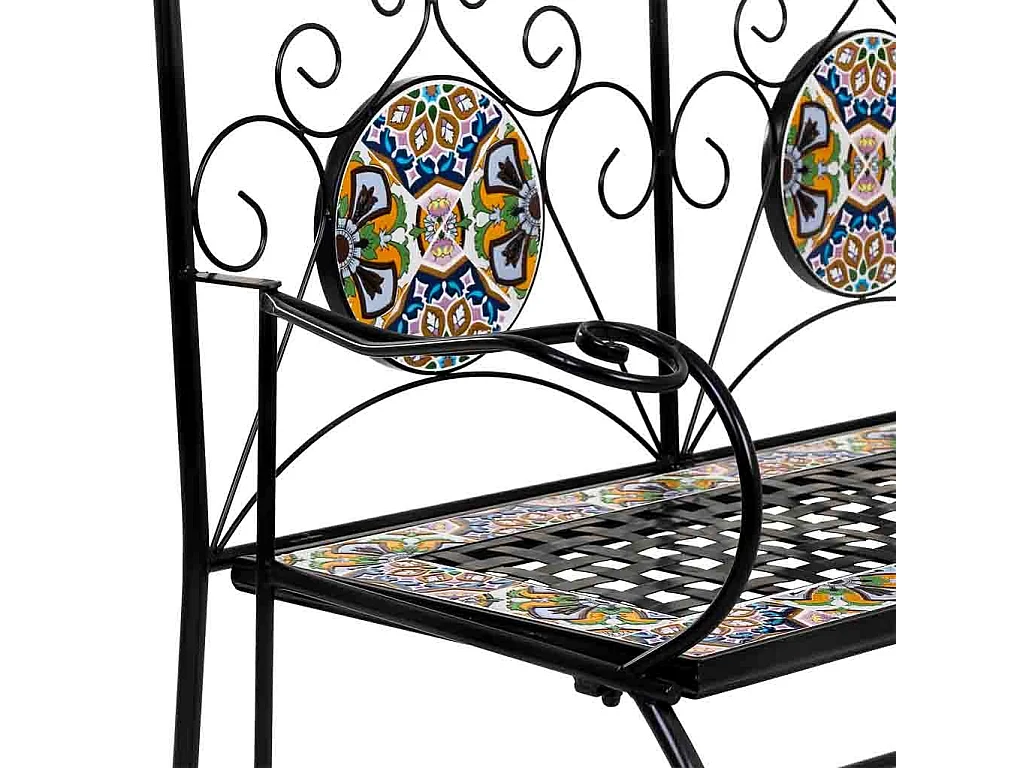 Banc en mosaïque noire et fer forgé 110x50x88h cm