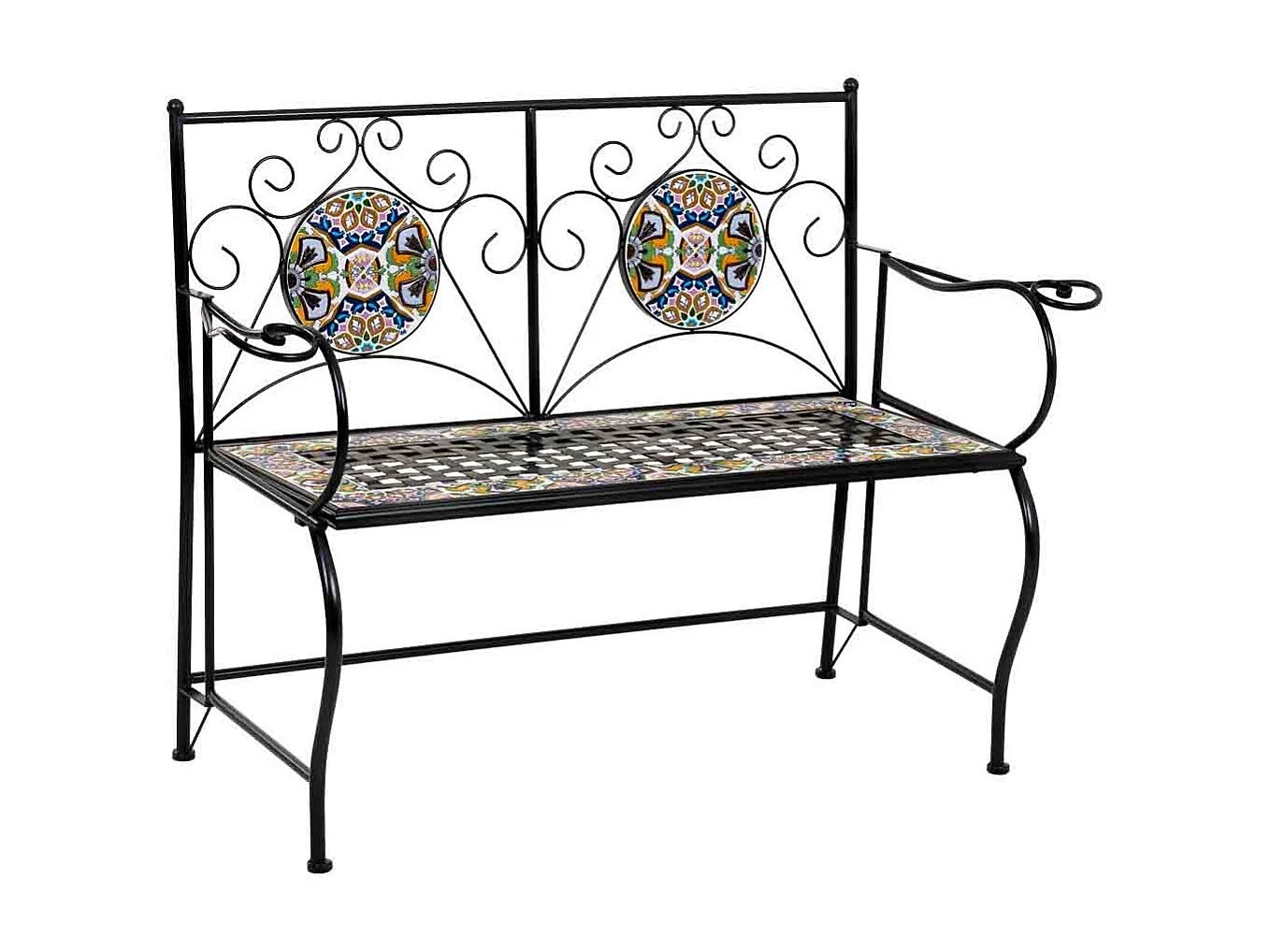 Banco em mosaico preto e ferro forjado 110x50x88h cm