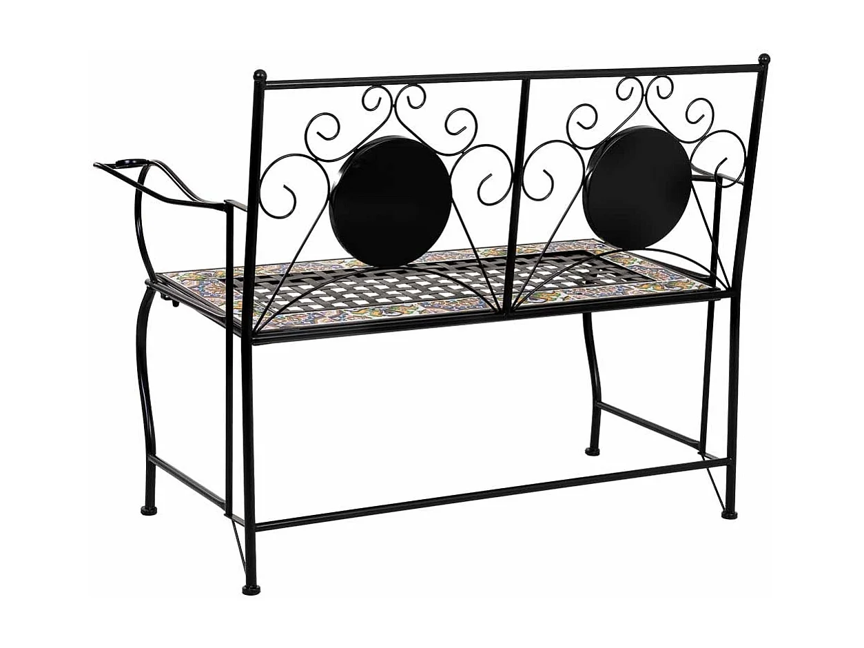 Banco em mosaico preto e ferro forjado 110x50x88h cm
