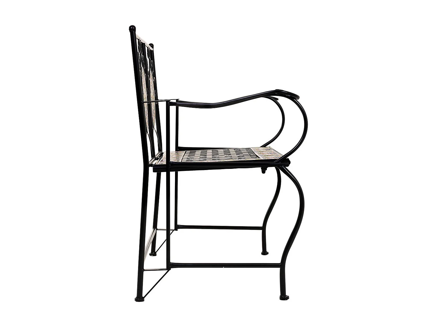 Banco em mosaico preto e ferro forjado 110x50x88h cm
