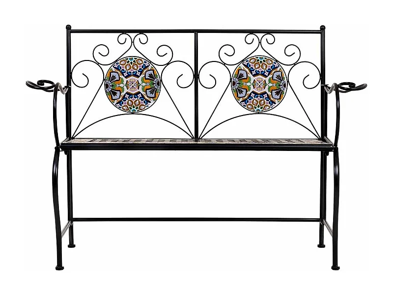 Banc en mosaïque noire et fer forgé 110x50x88h cm