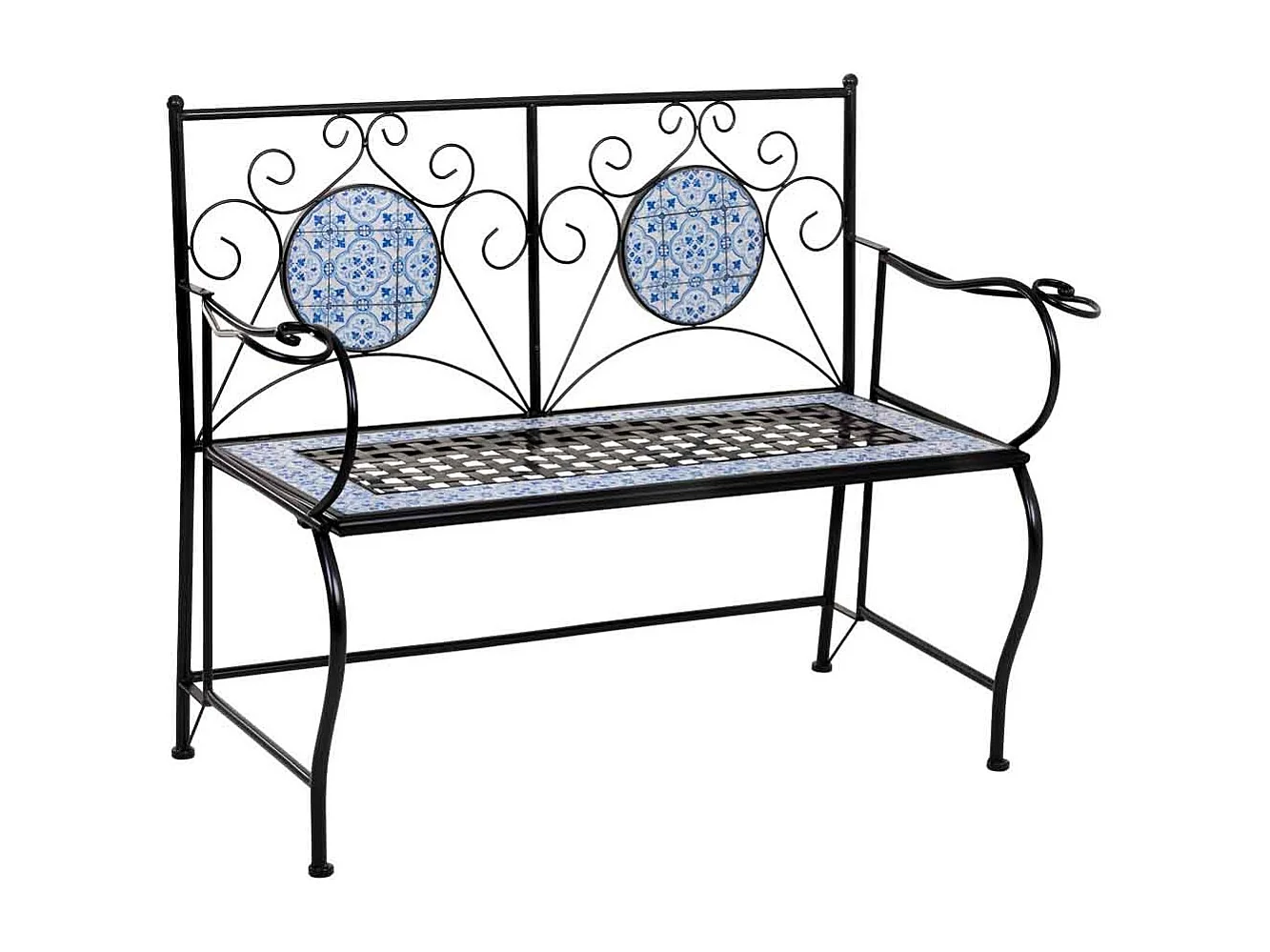 Banc en mosaïque noire et fer forgé 110x50x88h cm