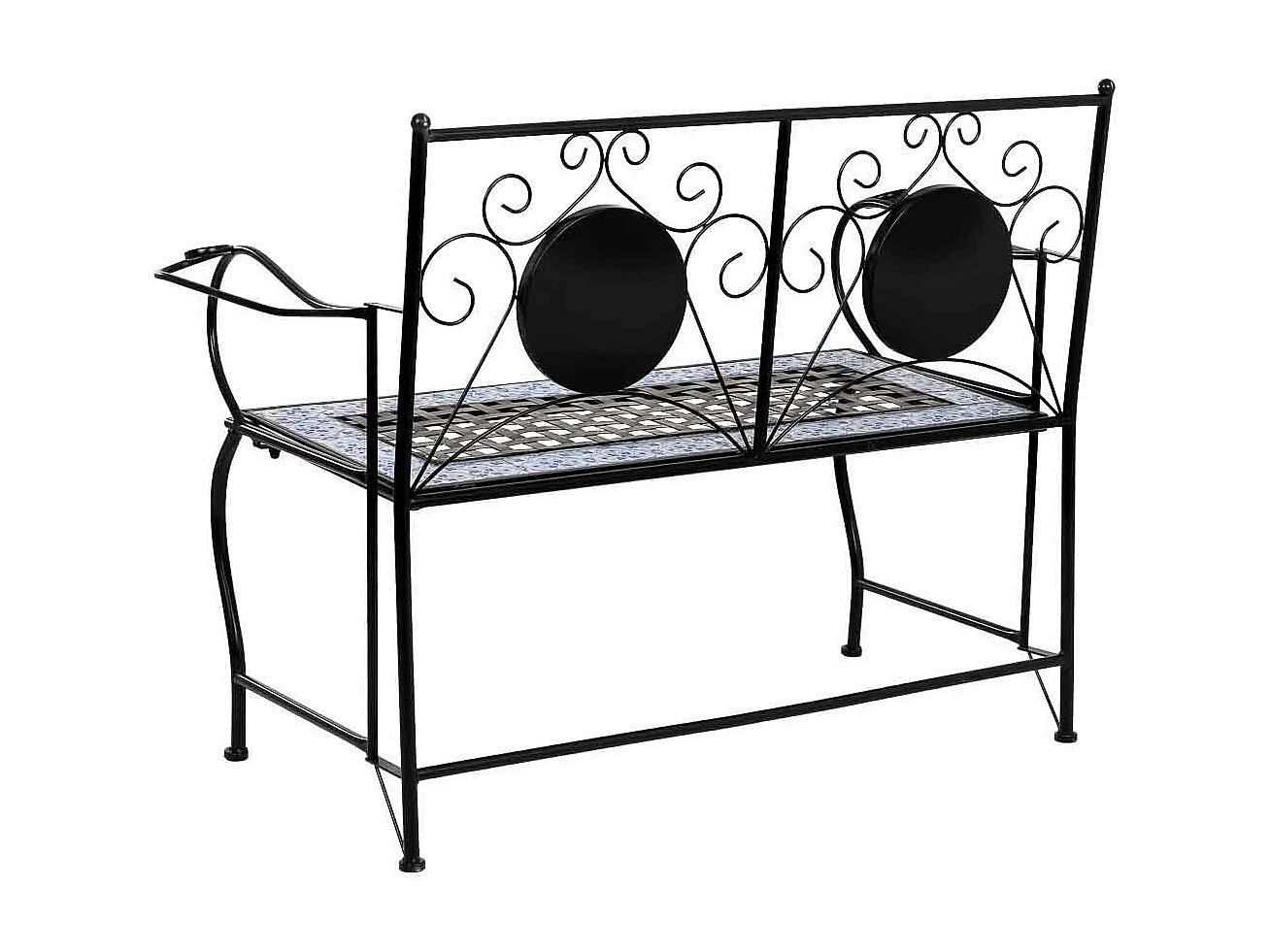 Banc en mosaïque noire et fer forgé 110x50x88h cm