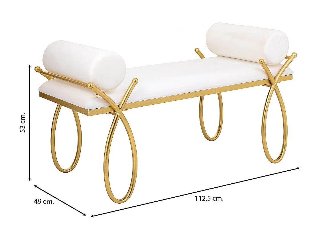 Panca in metallo dorato e rivestimento bianco 112,5x49x53h cm