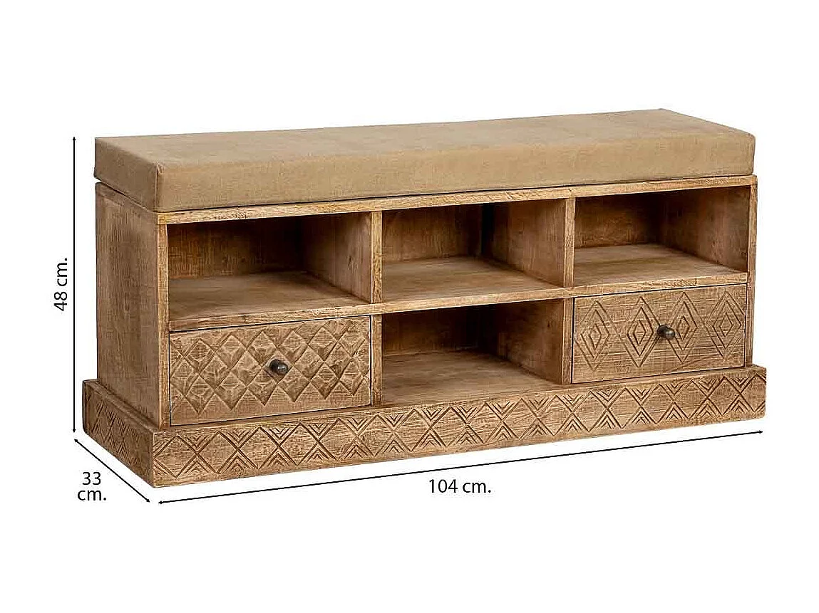 Banco em madeira com 3 prateleiras e 2 gavetas, castanho, 104x33x48h cm