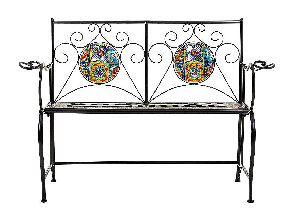 Bank aus schwarzem Mosaik und Schmiedeeisen, 110x50x88h cm