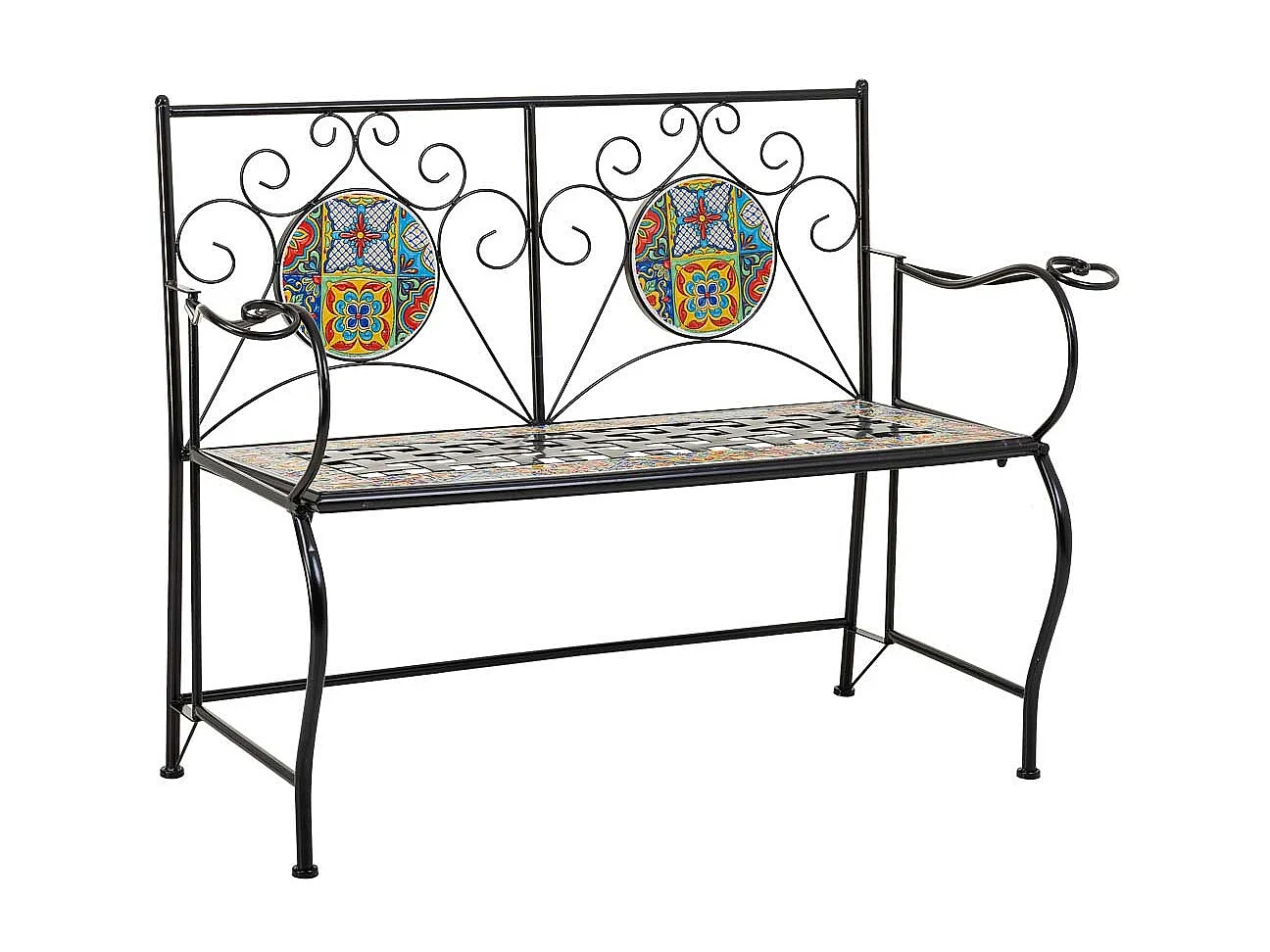 Bank aus schwarzem Mosaik und Schmiedeeisen, 110x50x88h cm