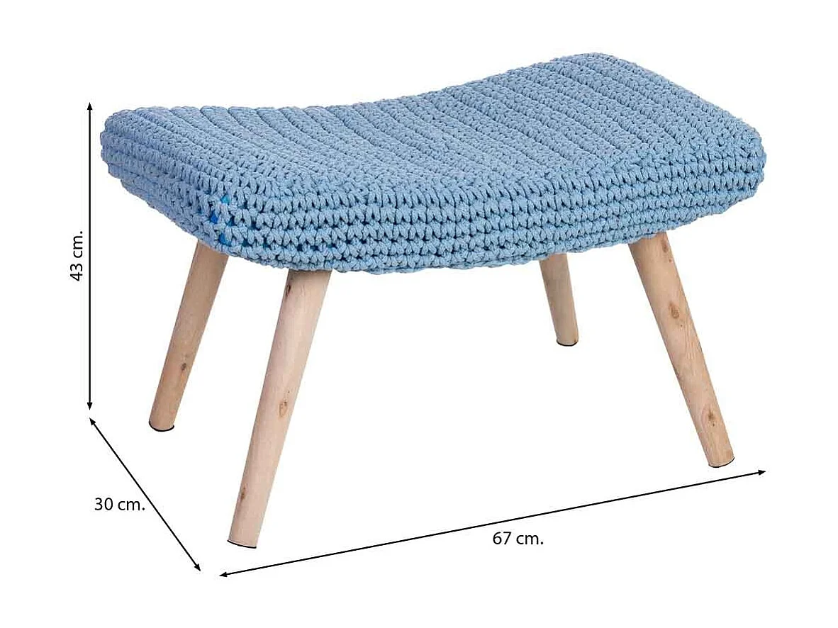 Tabouret en bois et coton tressé bleu 67x30x43h cm