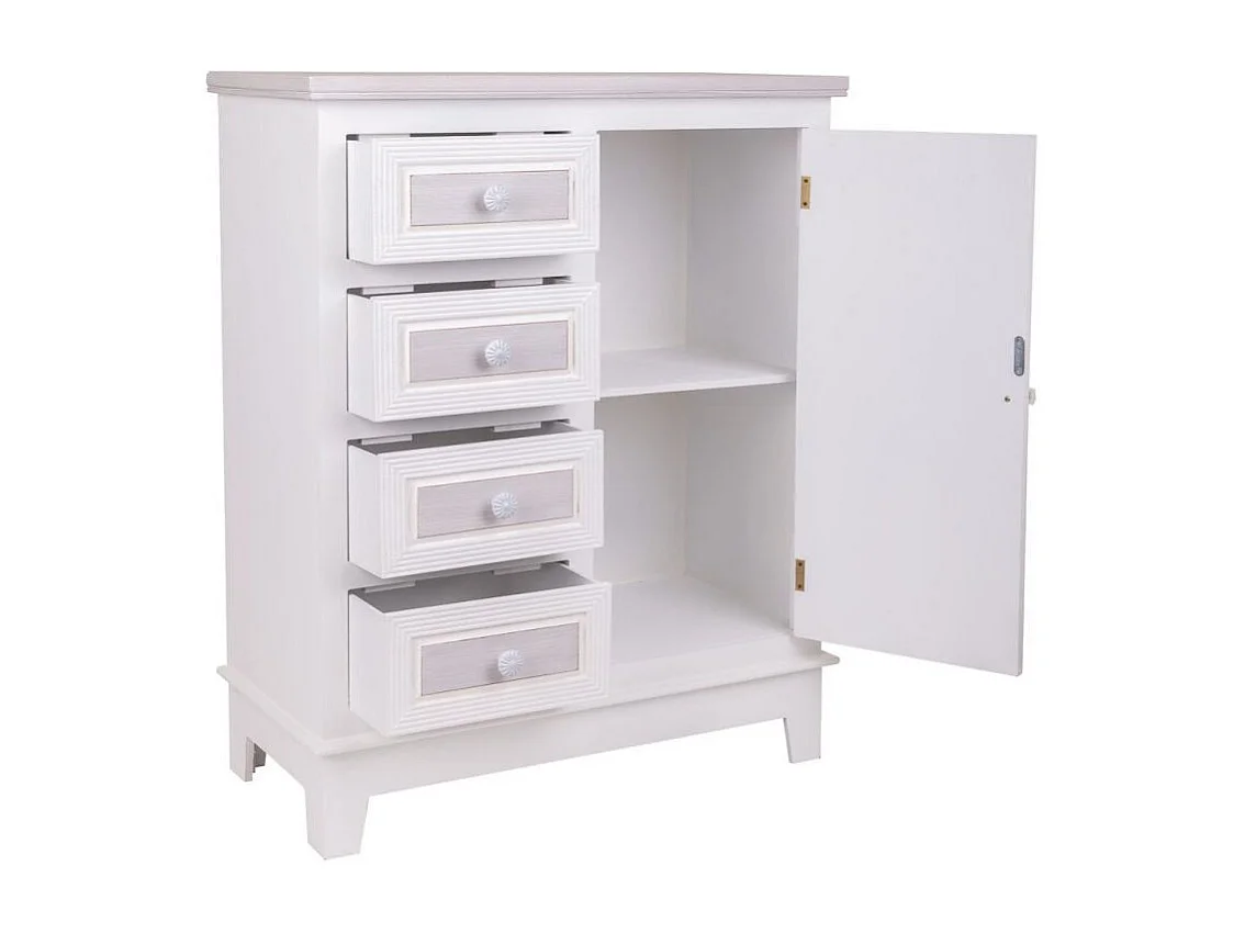 Mobiletto da ingresso in legno con 1 anta e 4 cassetti, bianco