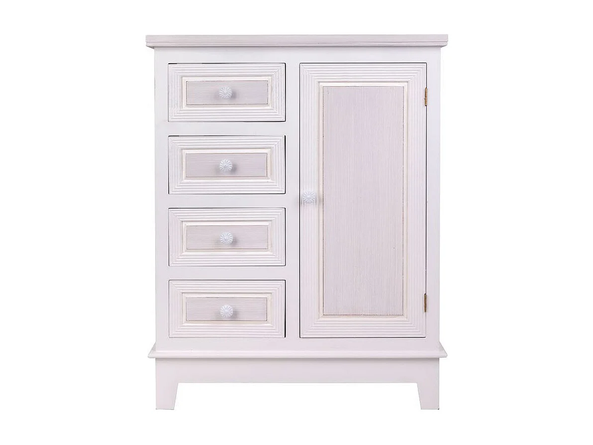 Mobiletto da ingresso in legno con 1 anta e 4 cassetti, bianco