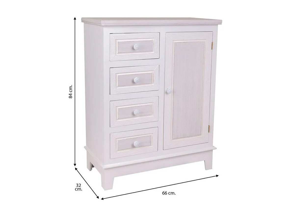 Mobiletto da ingresso in legno con 1 anta e 4 cassetti, bianco