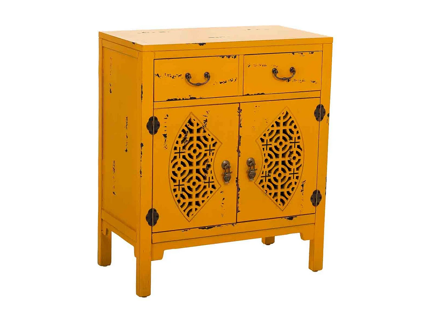 Houten haltafel met 2 lades en 2 deuren in geel