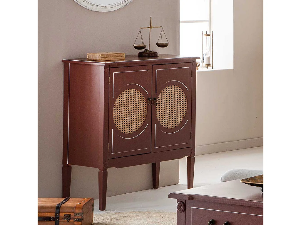 Tavolino da ingresso in legno e rattan con 2 ante marroni